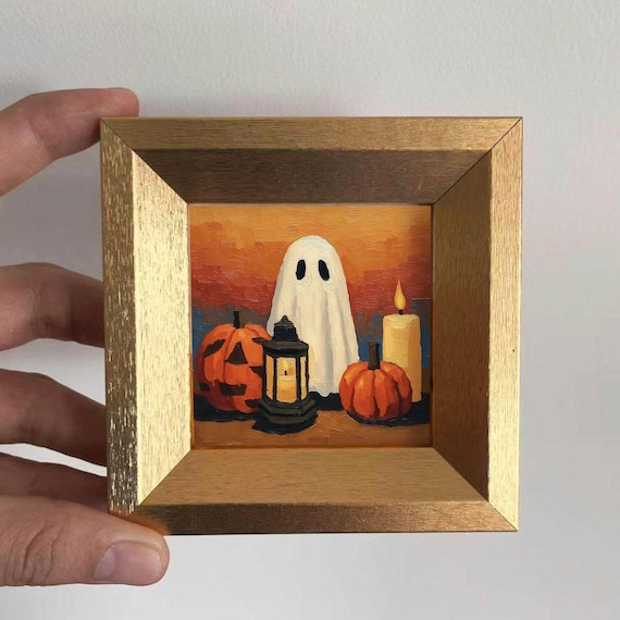 Mini Ghost Oil Painting-Spooky Ghost Portrait in Golden Frame-Hand-Painted Halloween Wall Art Decor-Gift For Halloween Decor Lover