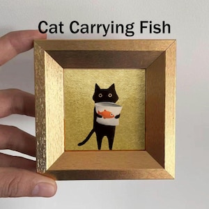 Mini Coffee and Books Oil Painting, Small Original Gold Leaf Artwork, Hand Painted Wall Art, Literary Home Decor, Christmas Gift for Friends Cat Carrying Fish