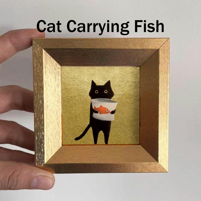 Mini Coffee and Books Oil Painting, Small Original Gold Leaf Artwork, Hand Painted Wall Art, Literary Home Decor, Christmas Gift for Friends Cat Carrying Fish