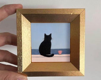 Mini Cat Painting,Framed Original Miniature Art,Tiny Cat Artwork,Gold Frame Animal Painting, Whimsical Cat Wall & Desk Decor Gift
