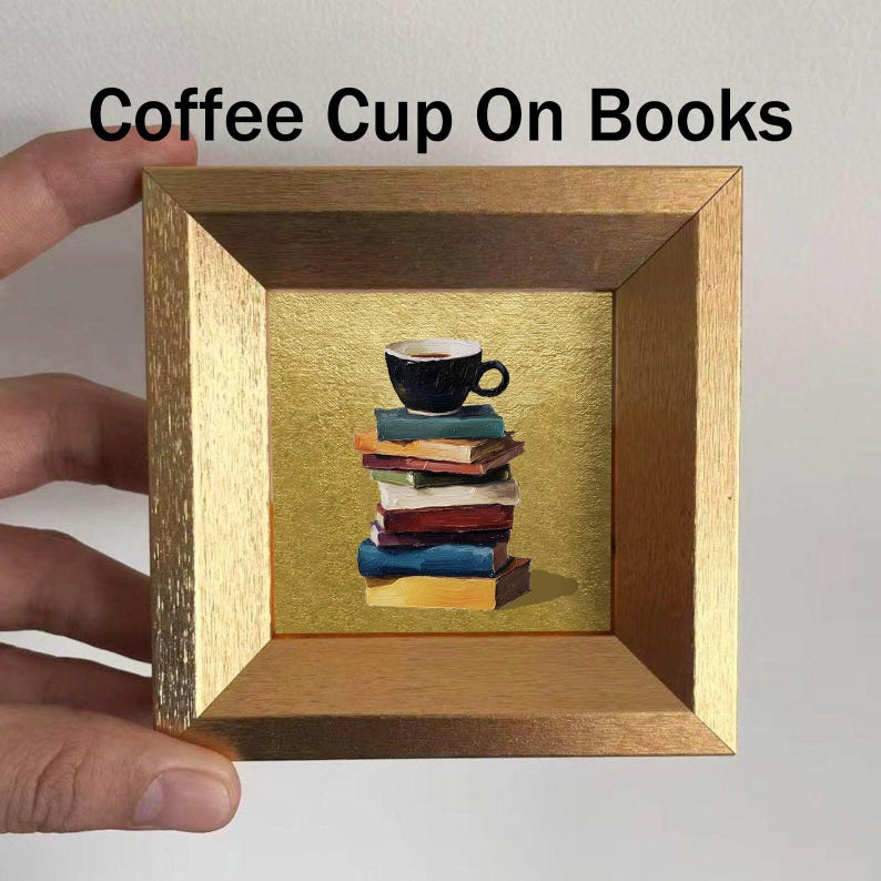 Mini Coffee and Books Oil Painting, Small Original Gold Leaf Artwork, Hand Painted Wall Art, Literary Home Decor, Christmas Gift for Friends Coffee Cup On Books