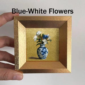 Mini Coffee and Books Oil Painting, Small Original Gold Leaf Artwork, Hand Painted Wall Art, Literary Home Decor, Christmas Gift for Friends Blue-White Flowers