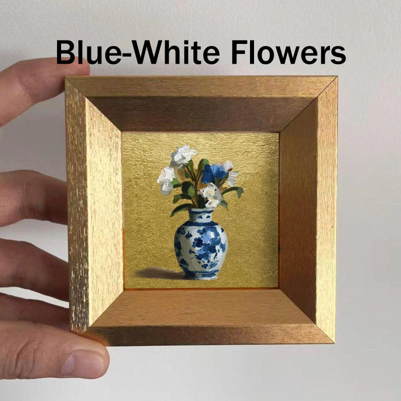 Mini Coffee and Books Oil Painting, Small Original Gold Leaf Artwork, Hand Painted Wall Art, Literary Home Decor, Christmas Gift for Friends Blue-White Flowers