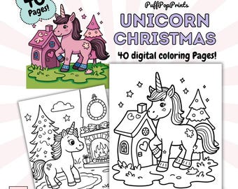 Christmas Unicorn Coloring Pages for Kids, Coloring sheets for children (Instant Download)