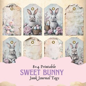 Printable Junk journal Sweet Easter Bunny 8 + 4 Tags