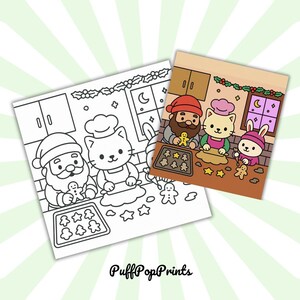 May include: Two illustrations of cartoon characters baking gingerbread cookies. One is a black and white coloring page, and the other is a colored illustration. The colored illustration shows a cat, a rabbit, and a bearded man. The text "PuffPopPrints" is at the bottom.
