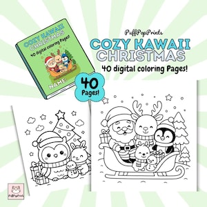 Puede incluir: Un libro para colorear digital titulado "Cozy Kawaii Christmas" con 40 páginas. La portada es verde con una ilustración de dibujos animados de Papá Noel, un reno y un pingüino en un trineo. El libro incluye dibujos lineales en blanco y negro.