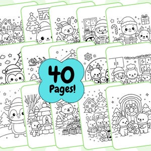 May include: A collection of 40 coloring pages featuring Christmas-themed illustrations. The black and white drawings include Santa Claus, reindeer, bunnies, penguins, and other festive characters and scenes. The text "40 Pages!" is in a blue bubble.
