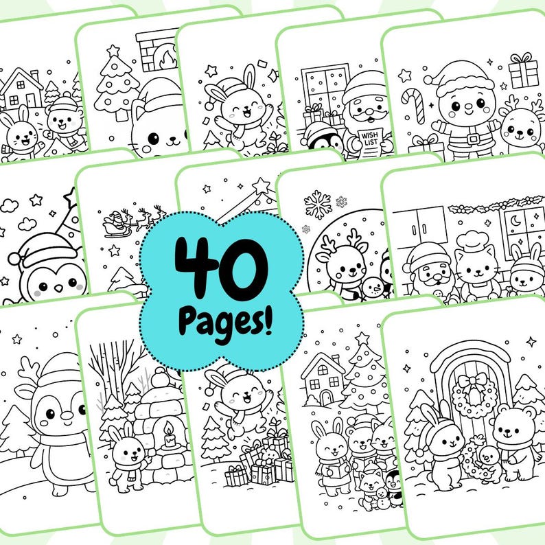 May include: A collection of 40 coloring pages featuring Christmas-themed illustrations. The black and white drawings include Santa Claus, reindeer, bunnies, penguins, and other festive characters and scenes. The text "40 Pages!" is in a blue bubble.