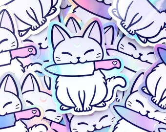 Holographic Knife Cat Vinyl Sticker | White | Waterproof Vinyl Stickers | Spooky Cute Witch | Pastel Goth | Witchy Cat Gift | Nikury