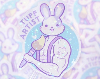 Glitter Tuff Artist Bunny Stickers | Nikury | Pastel Muscle Rabbit Sticker | Wholesome Animal Stationery | Paintbrush