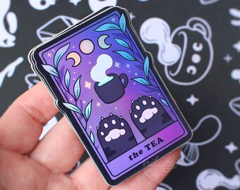 The Tea Cat Tarot Holographic Vinyl Sticker | Witchy Black Cat Paw | Nikury | Waterproof Vinyl Stickers | Spooky Cute Witch | Pastel Goth