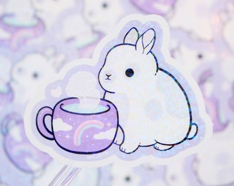 Glitter Tea Bunny Stickers | Nikury | Cute Pastel Rabbit Sticker | Wholesome Animal Stationery | LGBTQ | Rainbow Tea Mug