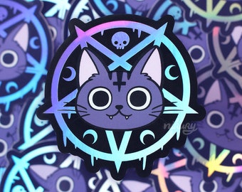 Adesivo olografico Lucipurr Cat / Gotico spettrale / Pagano / Stregonesco in vinile, nero (impermeabile) / Realizzato a mano