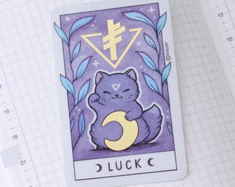 Adesivo Gatto Luna Fortunata Dorata / Tarocchi Stregoneschi / Carta delle Rune, Pastel Goth