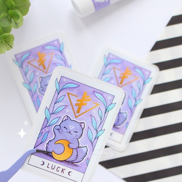 Lucky Moon Cat Holographic Sticker | Witchy Purple / Black Cat | Nikury | Cute Witch | Tarot / Rune Card | Pastel Goth Animal Stickers