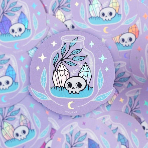 Holographic Pastel Terrarium Vinyl Sticker | Purple Waterproof Stickers | Spooky Witch | Pastel Goth Skull | Crystal | Witchy Gift | Nikury