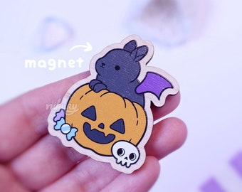 LAST ONE! Wooden Magnet Pumpkin Bunny | Spooky Cute Fridge Magnets | Pastel Goth | Halloween / Autumn | Eco Friendly | Cover / Needle Minder