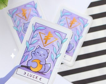 Lucky Moon Cat Holographic Sticker | Witchy Purple / Black Cat | Nikury | Cute Witch | Tarot / Rune Card | Pastel Goth Animal Stickers
