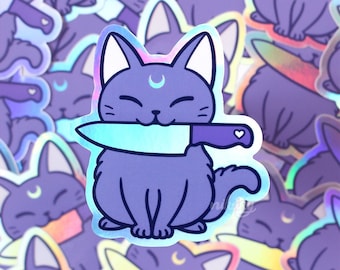 Holographic Knife Cat Vinyl Sticker | Black | Waterproof Vinyl Stickers | Spooky Cute Witch | Pastel Goth | Witchy Cat Gift | Nikury