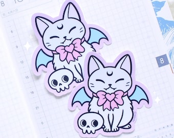 Adesivo in vinile White Meowgic Bat Cat / Pastel Goth, Witchy Halloween