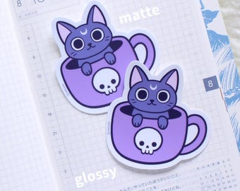 Adesivo in vinile per tazza Black Meowgic con gatto / Pastel Goth, Halloween da strega