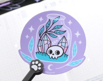 Adesivo per terrario in stile Pastel Goth / Adesivo in vinile con teschio, cristallo e tema stregoneria