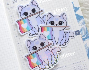 Adesivo in vinile Purride con gatto / Bandiera arcobaleno Pride, arte animale LGBTQ dai colori pastello