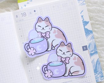 Adesivo in vinile Sakura Kittea / Tazza con gattino pastello, articoli di cancelleria a tema tè e gatti