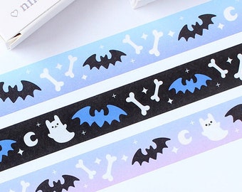 Nastri adesivi Washi spettrali / Fantasma di Halloween / Pipistrello / Coniglio, Pastel Goth / 3 stili, Nero, Viola, Blu