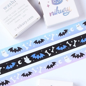 Spooky Cute Washi Tape x 3 | Nikury | Cute Witch | Pastel Goth | Witchy | Halloween / Ghost / Bat Washi Tape