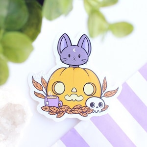 Autocollants en vinyle citrouilles et chats noirs | Nikury | Sticker imperméable | Sorcière mignonne | Familier Halloween sorcière | Païen / Wicca