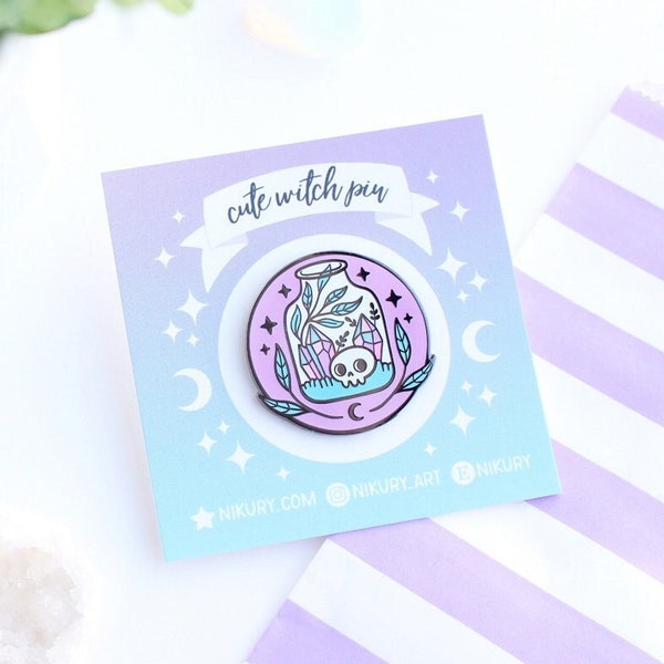 Pastel Terrarium Enamel Pin / Nikury / Cute Spooky Goth Enamel Pin / Witchy Hard Enamel Pins / Witch Pin / Halloween Skull Label Pin Badge