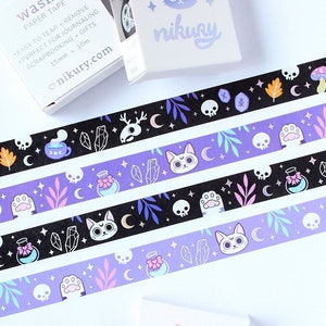 Witchy Holo Washi Tape x 4 | Nikury | Artists Washi | Cat Washi | Pagan Washi | Cute Witch Familiar | Pastel Goth | Holographic