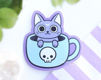 Cute Black Tea Cat Glossy Vinyl Stickers / Nikury / Waterproof Vinyl Sticker / Witchy Cat Familiar / Goth Witch