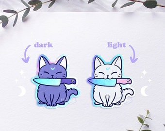 Holographic Knife Cat Vinyl Stickers | Black + White | Waterproof Vinyl Sticker | Spooky Cute Witch | Pastel Goth | Witchy Cat Gift | Nikury