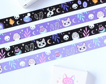 Nastro adesivo Washi olografico magico x4 / Gatto gotico pastello, Strega della luna, Dark fantasy, Articoli per journaling