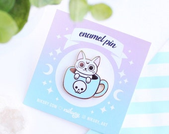 Pastel Goth Mug Cat Enamel Pin | Nikury | Witch / Witchy / Halloween / Spooky Cute / Tea / Coffee