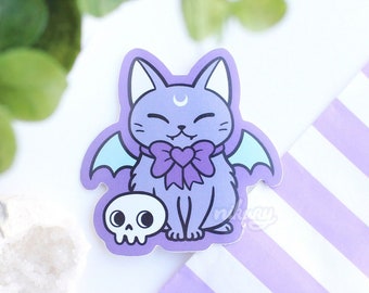 Spooky Black Bat Cat Glossy Vinyl Stickers / Nikury / Weatherproof & Waterproof Vinyl Sticker / Witchy Cat Familiar / Halloween