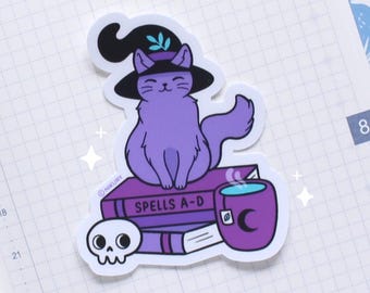 Adesivo in vinile con animale domestico felino / Cancelleria con gatto stregone e libri, gattino di Halloween