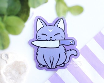 Cute Black Knife Cat Glossy Vinyl Stickers / Nikury / Waterproof Vinyl Sticker / Witchy Cat Familiar / Goth Witch