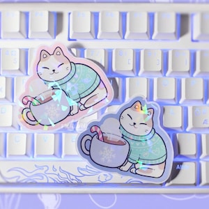 Adesivi per gattini con maglioni 2 colori - Blu / Rosa / Olografico scintillante / Carino gatto di caffè con bastoncini di zucchero invernali / Regalo fatto a mano per le feste con animali