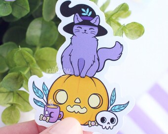 Witchy Black Cat & Pumpkin Vinyl Stickers | Nikury | Waterproof Sticker | Spooky Halloween | Witch Familiar | Pagan / Wicca