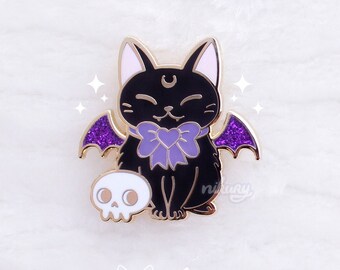 Witchy Black Bat Cat / Glitter Enamel Pin / Nikury / Cute Spooky Halloween Enamel Pin / Goth Gold Hard Enamel Pins / Witch Pin / Skull Pin