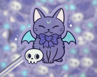 Adesivi in vinile glitterati con pipistrello e gatto / Famiglio stregonesco, Halloween spettrale, Gotico pastello (impermeabili) / Realizzati a mano