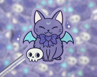 Spooky Cute Bat Cat Glitter Vinyl Stickers / Nikury / Weatherproof & Waterproof Vinyl Sticker / Witchy Familiar / Halloween / Pastel Goth