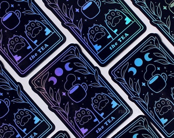 The Tea Cat Tarot Holographic Vinyl Sticker | Witchy Black Cat Paw | Nikury | Waterproof Vinyl Stickers | Spooky Cute Witch | Pastel Goth