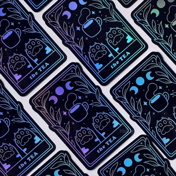 The Tea Cat Tarot Holographic Vinyl Sticker | Witchy Black Cat Paw | Nikury | Waterproof Vinyl Stickers | Spooky Cute Witch | Pastel Goth