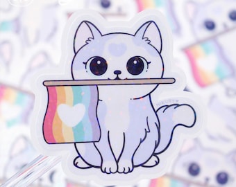 Glitter Purride Cat Stickers | Nikury | Cute Rainbow Pride Flag | Pastel Gay Animal Sticker | LGBTQ