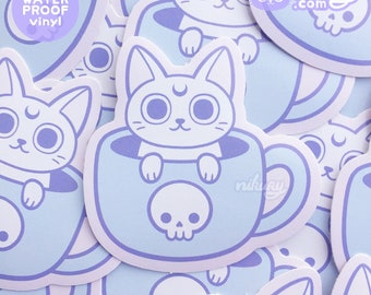 Pastel Goth Cat Tea Vinyl Stickers | Nikury | Waterproof Vinyl Sticker | Witchy / Witch / Halloween / Spooky Cute | Laptop Stickers